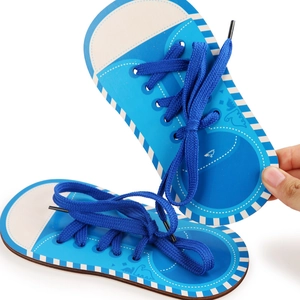 Educational 4-in-1 wooden shoelace lacing board toy with blue dinosaur pattern for toddlers