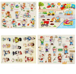 Detail of four Montessori wooden peg puzzles featuring sports, vehicles, family and jobs