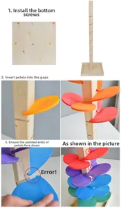 Step-by-step assembly guide for a wooden musical tree toy with colorful petals