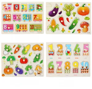 Detail of wooden Montessori puzzles for kids featuring numbers and colorful vegetables