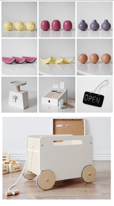 Detailed wooden fruit set with cashier and mobile storage cart toy for toddlers