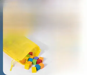 Detailed set of 60 colorful wooden cubes with a yellow drawstring storage bag