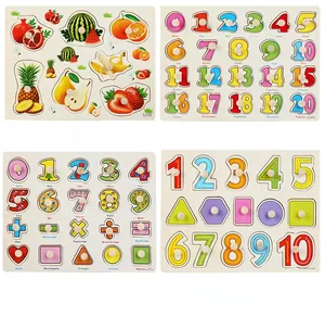 Detail of wooden Montessori peg puzzles with letters, numbers and fruit themes for kids