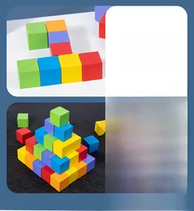 Macro view of 60pcs colorful wooden geometric cubes for children education and logic building