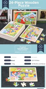 Detail view of 24-piece wooden jigsaw puzzle with cartoon forest animals and smooth finish