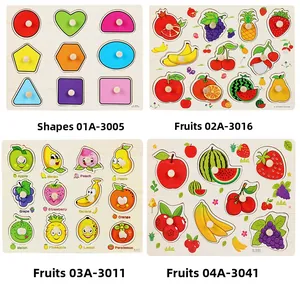 Detail view of wooden peg puzzles featuring geometric shapes and colorful fruits for toddlers