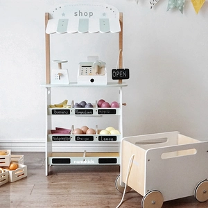 Nordic Kids Wooden Supermarket Market Stall Pretend Play Toy Set With Wooden Cash Register Scale Fruit For Children Educational Gift