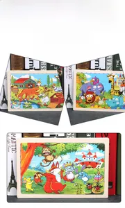Detail view of wooden farm animal puzzles for toddler early learning and cognition