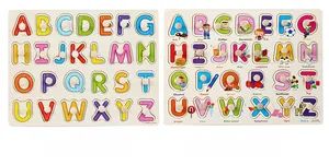 Detail of wooden Montessori alphabet puzzles with letter guides and colorful illustrations