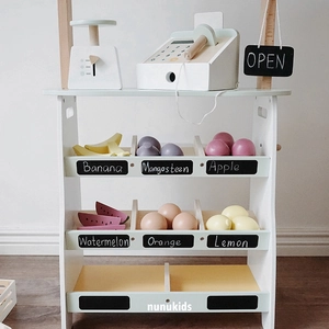 Kids wooden supermarket play set with toy cash register, scale and fruit stalls