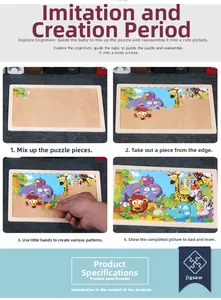 Four-step guide showing how to assemble the wooden animal puzzle for toddlers