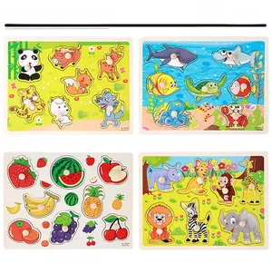 Four themed wooden knob puzzles featuring ocean animals, zoo, fruits, and farm animals