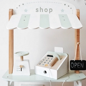 Kids wooden grocery shop playset with mint stripes, cash register and simulation scale