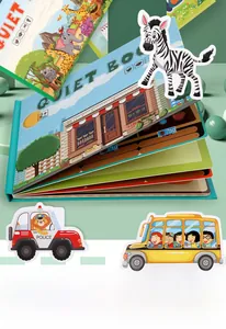 Detailed view of kids quiet book with reusable animal and vehicle stickers for learning