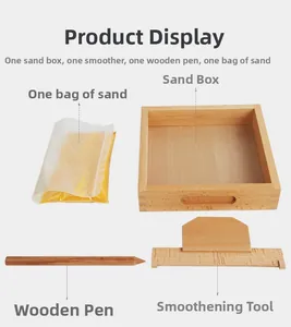 Detailed macro view of Montessori wooden sand tray set with writing pen and scraper tool