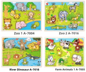 Detailed grid view of four wooden peg puzzles featuring zoo, farm, and dinosaur themes