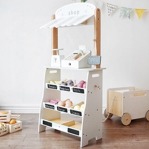 Wooden kids supermarket playset with grocery stall cash register and shopping cart toys