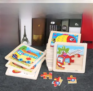 Detail of 9-piece wooden puzzles featuring cartoon bus, fire truck, and fish patterns