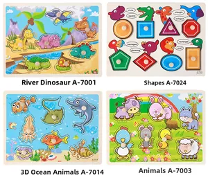 Four Montessori wooden puzzles featuring dinosaurs, shapes, sea and farm animals with knobs