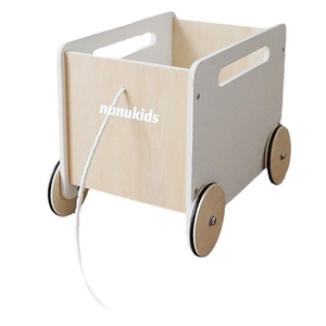 Wooden kids grocery cart toy with pull rope and wheels for imaginative play storage