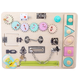 Wooden Montessori busy board for toddlers with colorful gears and lock mechanisms