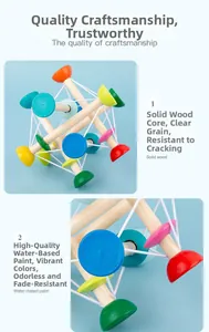 Detail of wooden tensegrity toy with colorful elastic balls and eco-friendly water paint