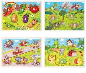 Four-pack wooden peg puzzles for toddlers featuring dinosaurs, vegetables, and animals