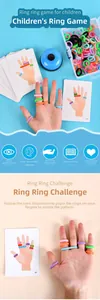 Close-up of colorful elastic finger rings with logic training cards and a blue service bell