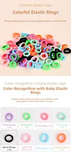 Detail of 80 elastic finger rings in 8 vibrant colors for children color sorting games