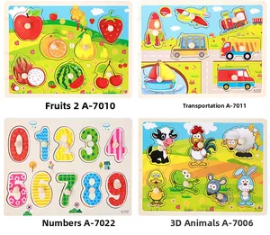 Detail of wooden peg puzzles featuring fruits, vehicles, numbers and 3D animals for kids