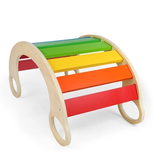 Rainbow wooden balance board rocker and climbing frame for kids sensory training