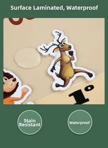 Close-up of waterproof laminated animal stickers for children with clear water droplets