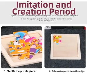 Detailed view of 9-piece wooden animal puzzle showing assembly steps and colorful patterns