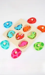 Detailed view of wooden dinosaur egg puzzle with easy-to-grip handles for kids