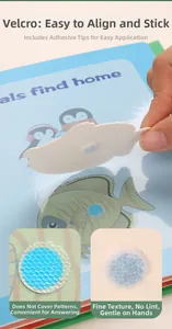 Detail of waterproof sticker book for kids with round Velcro and cute cartoon animal design