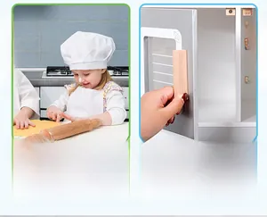 Detailed view of kids wooden play kitchen cabinet with open door and rolling pin
