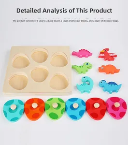 Three-layer 3D wooden dinosaur egg puzzle for kids with easy-grip knobs and colorful blocks