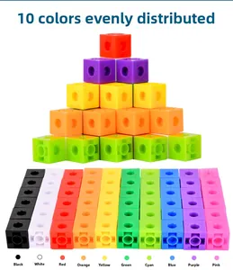 Detail view of 10 colored interlocking plastic cubes for educational building and stacking