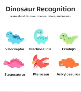 Set of six colorful 3D wooden dinosaur puzzles for early childhood educational learning