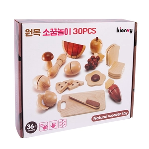 Close-up of 30-piece wooden play food set with toy knife, cutting board, and assorted veggies