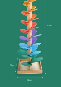 Vertical view of a 72cm rainbow wooden marble run tree showing height and base dimensions