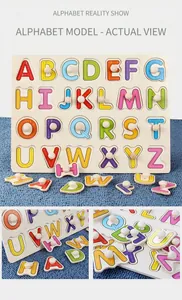 Detail of wooden alphabet puzzle featuring easy-grip knobs and stroke order guides