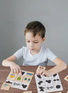 Toddler playing with wooden shadow matching puzzle featuring colorful vehicles and patterns