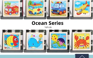 Close-up of 9-piece wooden puzzles featuring cartoon vehicles and sea animals for kids