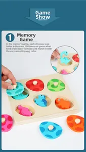 Macro detail of child's hand using wooden 3D dinosaur egg puzzle for memory match game