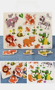 Close-up of wooden peg puzzle featuring colorful cartoon animals like lions and elephants
