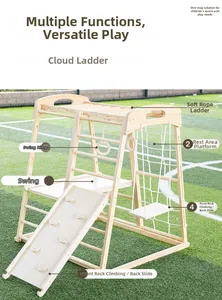 Indoor wooden playground with monkey bars rope ladder swing and climbing slide set