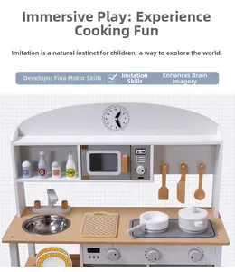 Detailed view of Nordic style wooden toy kitchen set featuring stove and accessories