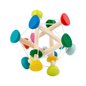 Colorful wooden baby grasping toy and sensory rattle with elastic stretch string