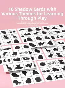 Macro view of 10 shadow matching educational cards with animal and fruit silhouettes